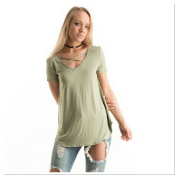 🆕New Sage green strappy vneck tee - Picture 2 of 2